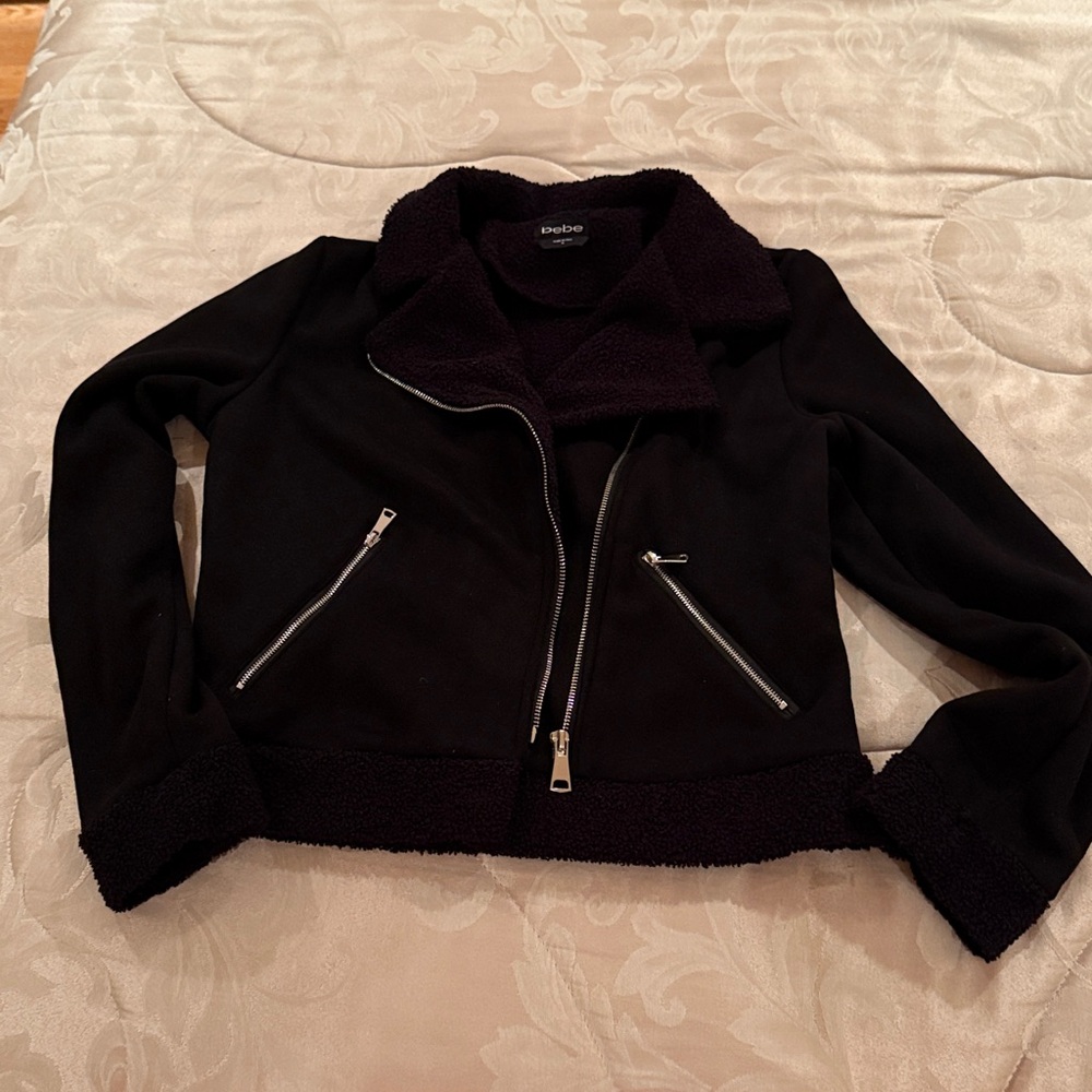 bebe Beautiful Black Teddy Jacket with Gold Zipper and Pockets,soft and comfy - Picture 15 of 16